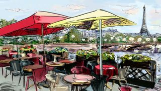 手绘餐厅旅游背景