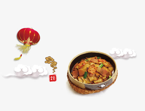 湘菜美食与大红灯笼白云免抠