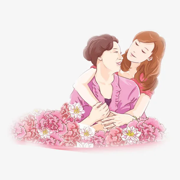 手绘粉色花朵母女免抠
