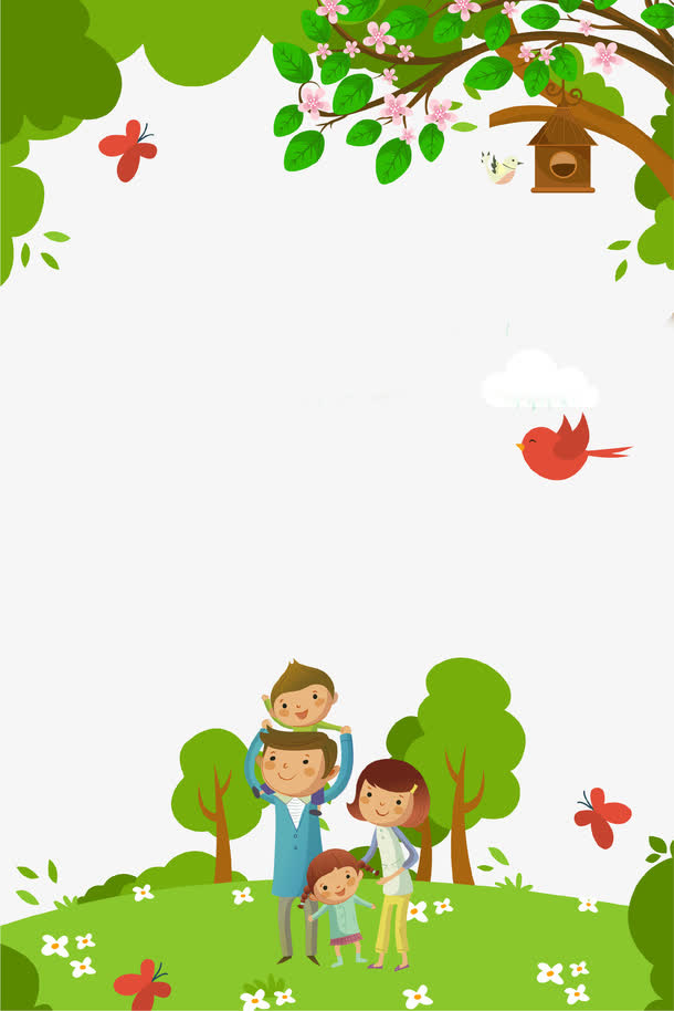 绿色卡通春季亲子春游海报背景免抠