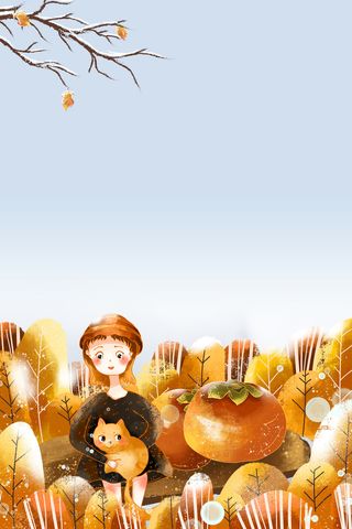 手绘柿子树枝装饰背景图高清