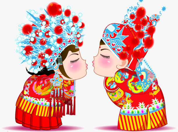 手绘中式婚礼亲嘴小人免抠