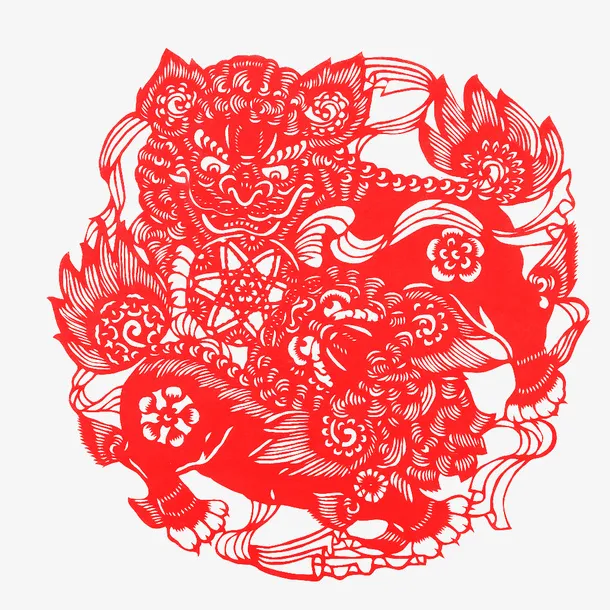 中国风剪纸逗红醒狮免抠