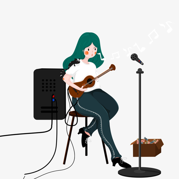 卡通时尚女孩在吉它免抠