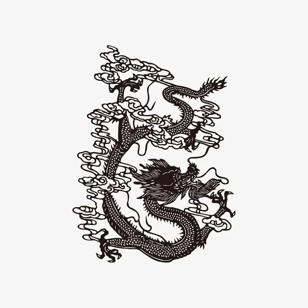 黑白线中国龙元素免抠