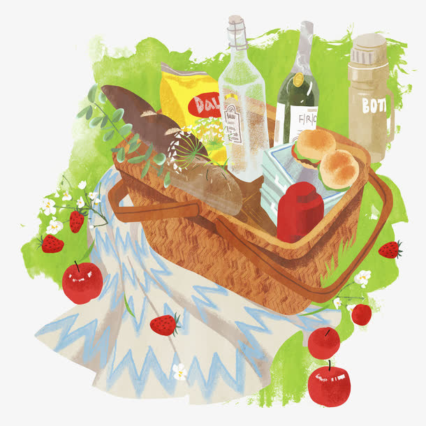 一篮野餐手绘插画免抠