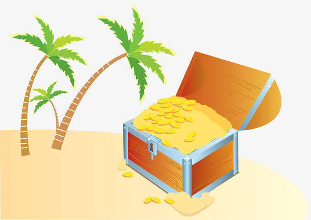 椰子树旁边的金币箱免抠
