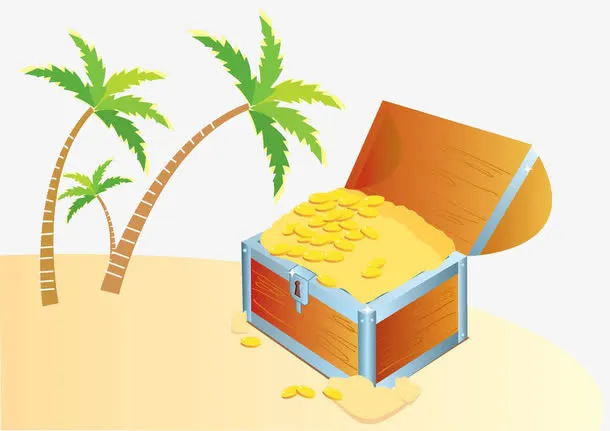 椰子树旁边的金币箱免抠
