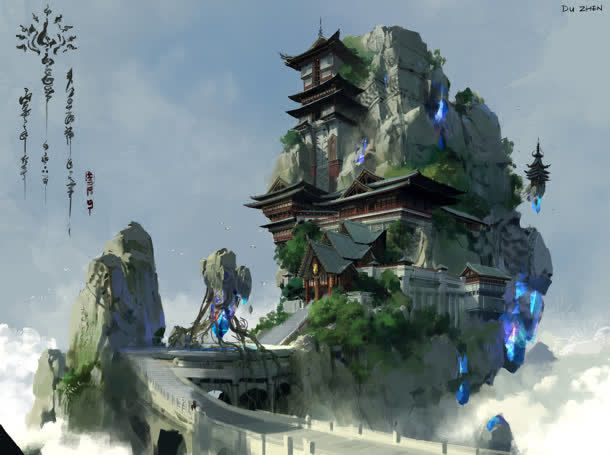 古风仙侠山顶上的房屋免抠