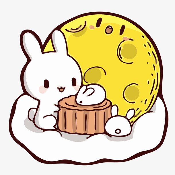手绘兔子和月饼免抠