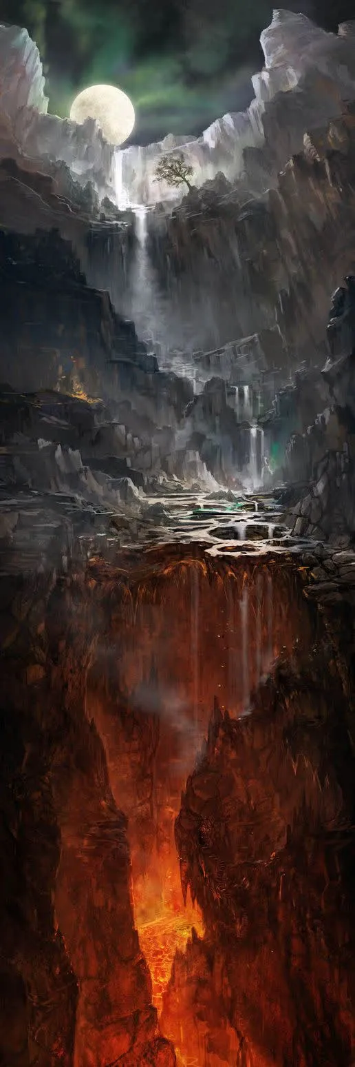 游戏场景重峦叠嶂的高山黄色月亮彩绘免抠