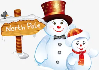 两个雪人路标戴帽子招手图案免抠