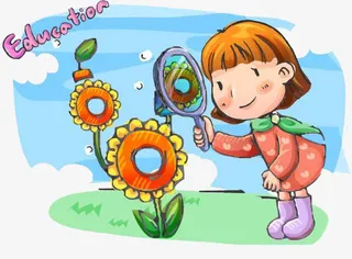 手拿放大镜看向日葵的女孩图案免抠