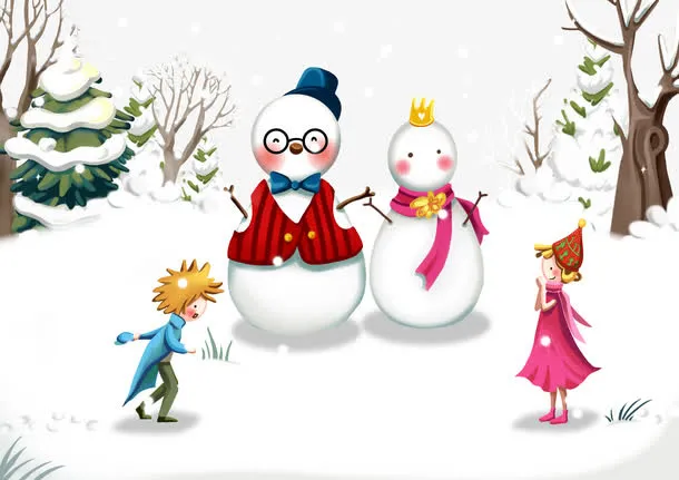 两个小朋友堆出来的俩雪人免抠
