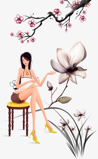 树枝 花朵 女孩免抠