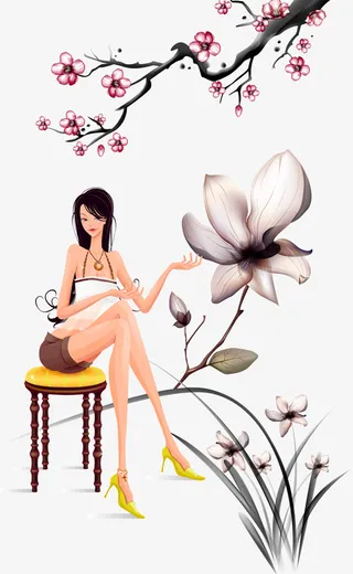 树枝 花朵 女孩免抠