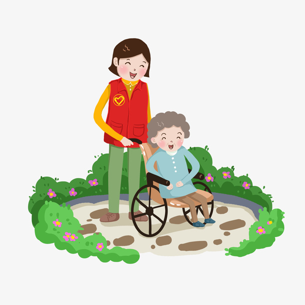 卡通志愿者服务帮助老年人免抠