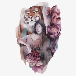 老虎少女创意水彩画免抠