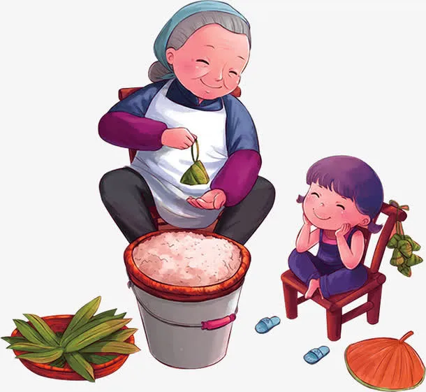 老奶奶端午节包粽子小孩免抠