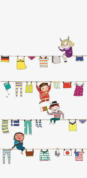 绳子上的衣服和孩子插画免抠