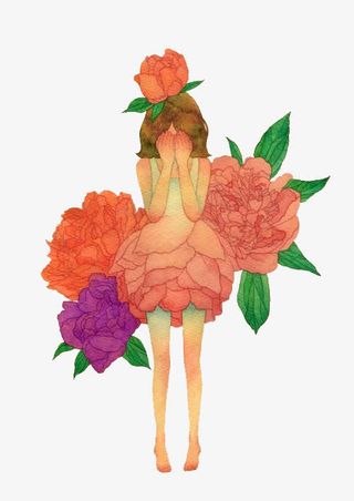 粉色手绘人物捂脸的女孩元素免抠