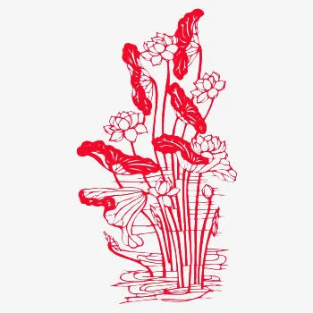 红色荷花剪纸免抠