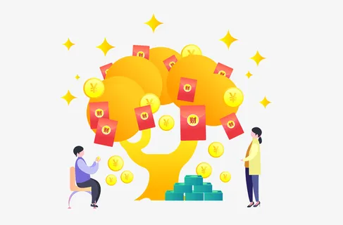 创意扁平渐变风格发财树红包矢量插画免抠