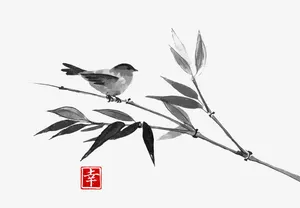 中国风水墨竹枝小鸟免抠