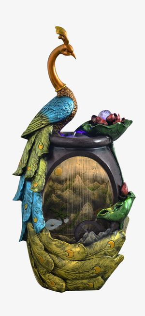 中式孔雀流水喷泉摆件免抠