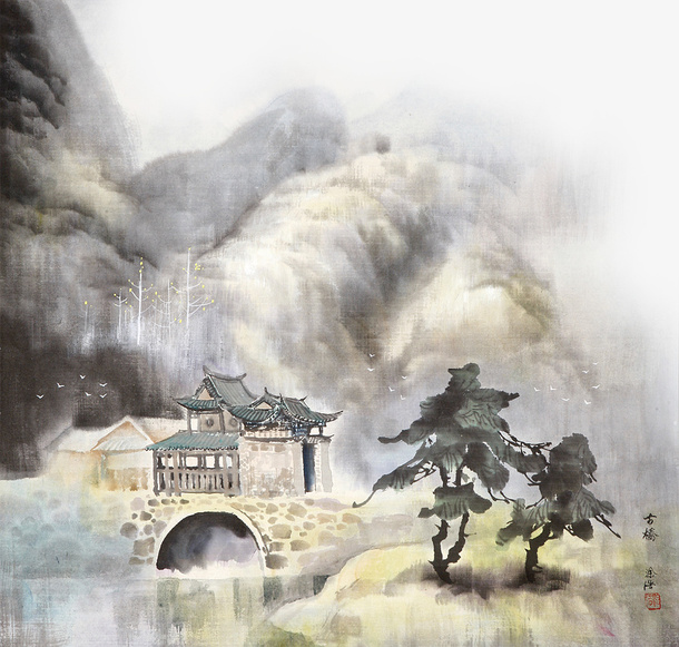 手绘风雨桥楼阁水墨画免抠