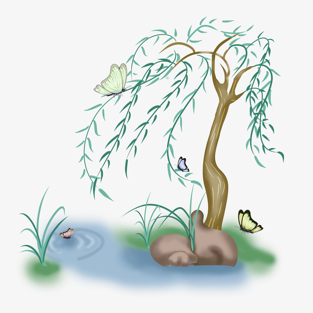 清明节柳树蝴蝶免抠