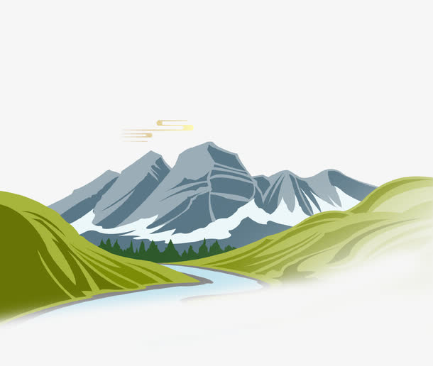 绿色卡通高山流水免抠免抠
