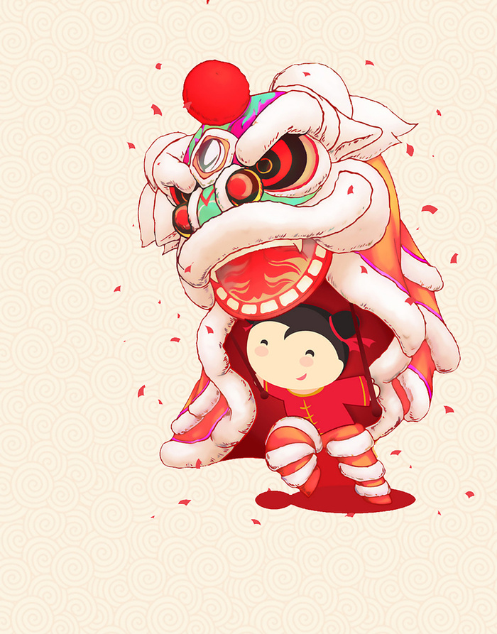 活泼简单新年龙灯小孩舞狮童趣纯色背景素材高清