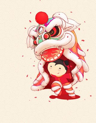 活泼简单新年龙灯小孩舞狮童趣纯色背景素材高清