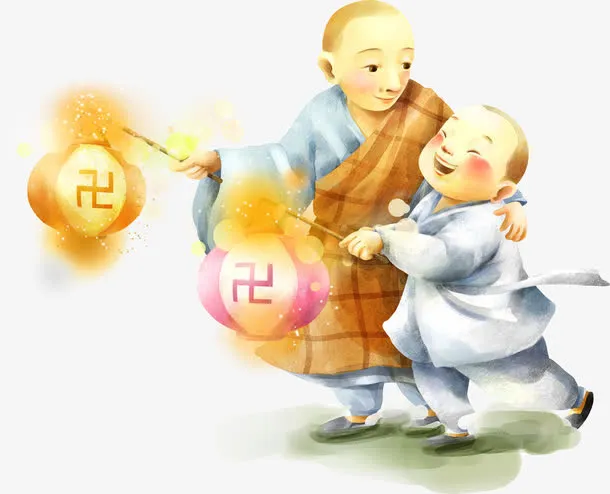 手绘寺庙和尚提灯笼造型免抠