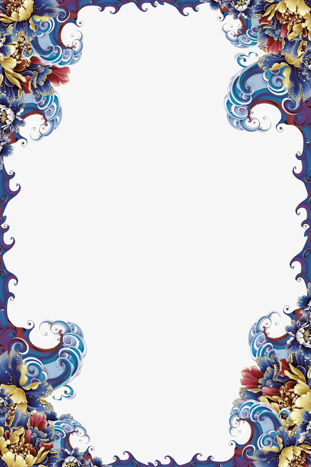 蓝色中国风立体海浪框架免抠
