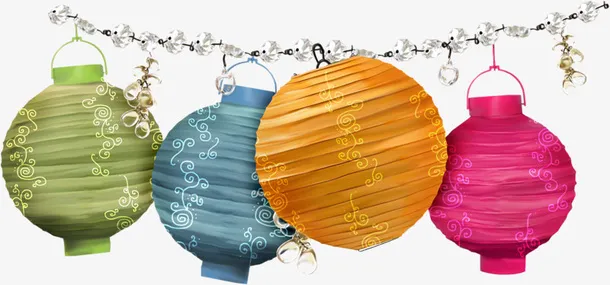 挂在银色彩带上的彩色纸制灯笼免抠
