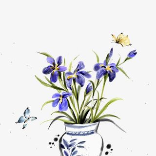 鸢尾花瓶水墨画免抠