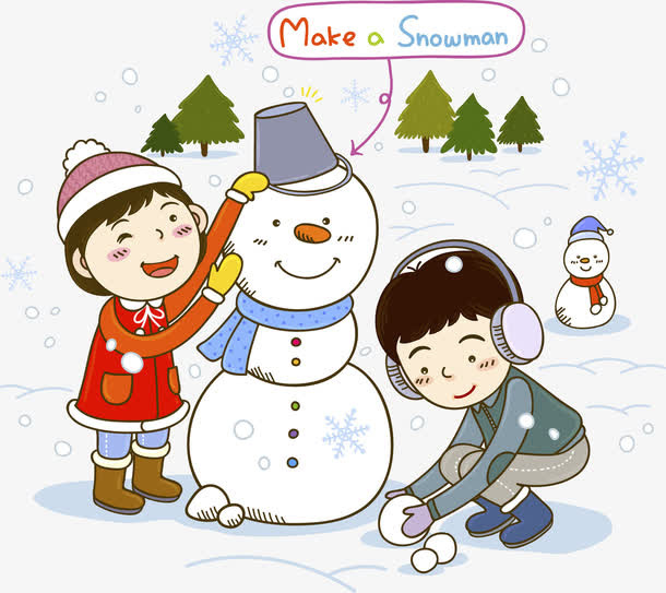 下雪天堆雪人的小孩免抠