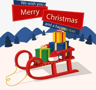 矢量手绘雪橇车拉着礼物免抠