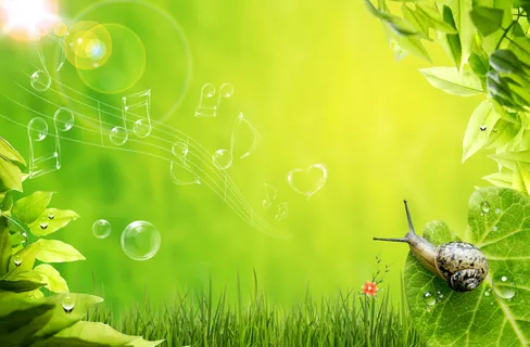 绿色春天蜗牛音符小草背景高清