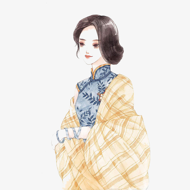 手绘披着黄色披肩的美女免抠