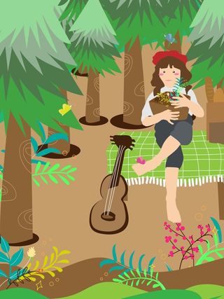 春天四月插画森林少女海报背景模板高清