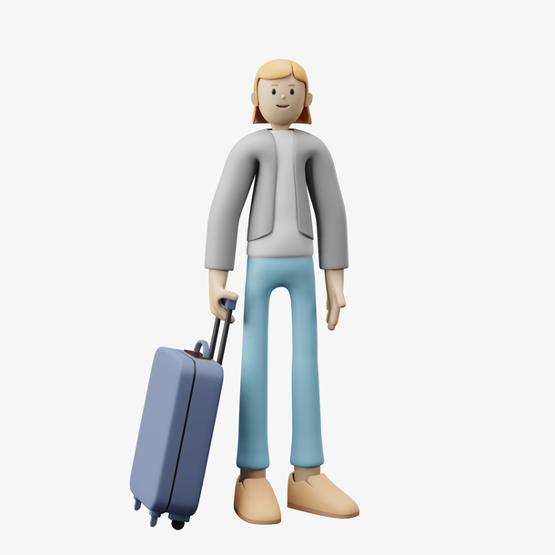 C4D 人物 黄头发 行李箱 出差免抠