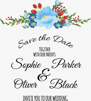 蓝色花朵婚礼请帖免抠