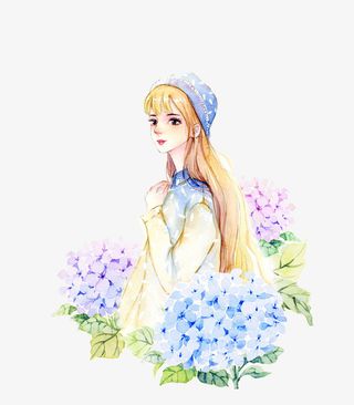 手绘小清新长发女孩免抠