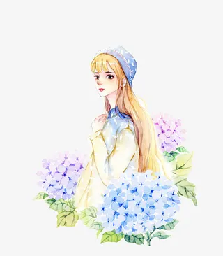 手绘小清新长发女孩免抠