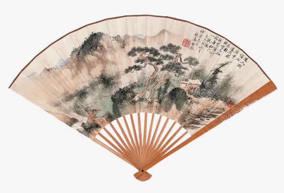 山水画古扇图片免抠