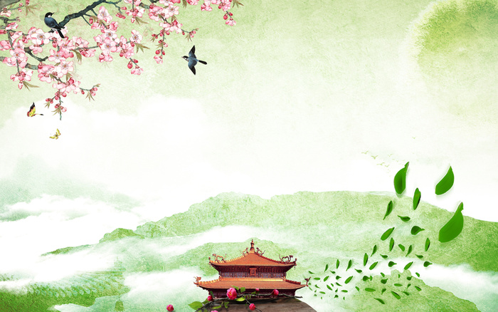 水墨绿色桃花春天海报背景素材高清