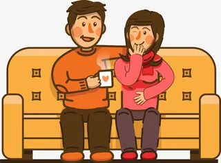 卡通手绘情侣居家插图坐在沙发的免抠
